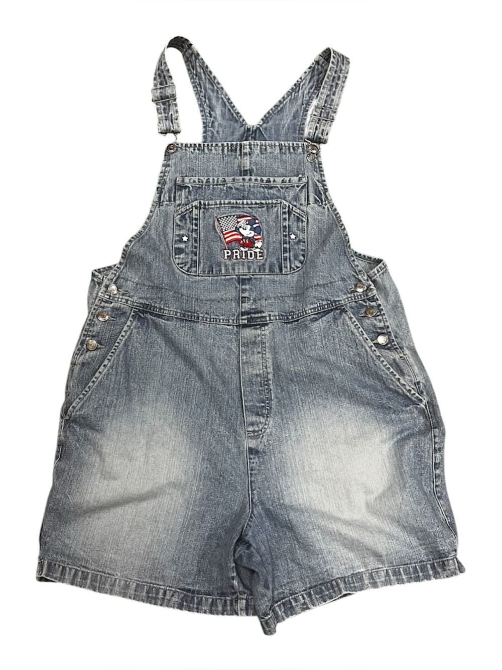 Vintage 90’sDisney Blue Jean Short Overalls with Mickey Patriotic Pride Patch XL
